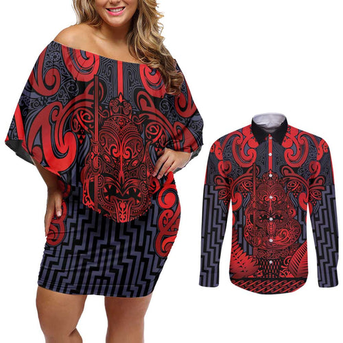 Custom New Zealand Taiaha Maori Couples Matching Off Shoulder Short Dress and Long Sleeve Button Shirt Whero Minimalist Silver Fern Tukutuku Motif