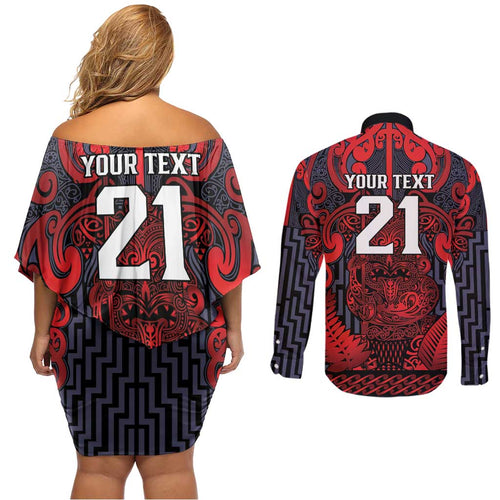Custom New Zealand Taiaha Maori Couples Matching Off Shoulder Short Dress and Long Sleeve Button Shirt Whero Minimalist Silver Fern Tukutuku Motif
