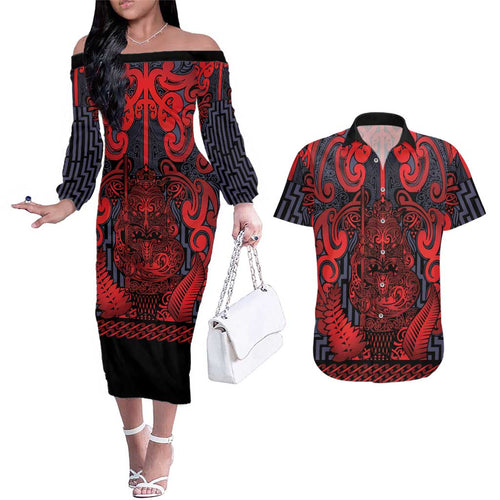 Custom New Zealand Taiaha Maori Couples Matching Off The Shoulder Long Sleeve Dress and Hawaiian Shirt Whero Minimalist Silver Fern Tukutuku Motif