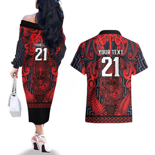 Custom New Zealand Taiaha Maori Couples Matching Off The Shoulder Long Sleeve Dress and Hawaiian Shirt Whero Minimalist Silver Fern Tukutuku Motif
