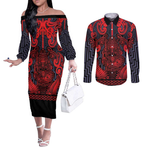 Custom New Zealand Taiaha Maori Couples Matching Off The Shoulder Long Sleeve Dress and Long Sleeve Button Shirt Whero Minimalist Silver Fern Tukutuku Motif