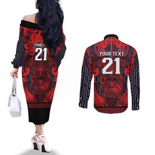 Custom New Zealand Taiaha Maori Couples Matching Off The Shoulder Long Sleeve Dress and Long Sleeve Button Shirt Whero Minimalist Silver Fern Tukutuku Motif
