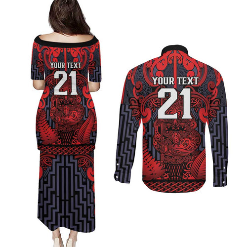Custom New Zealand Taiaha Maori Couples Matching Puletasi and Long Sleeve Button Shirt Whero Minimalist Silver Fern Tukutuku Motif