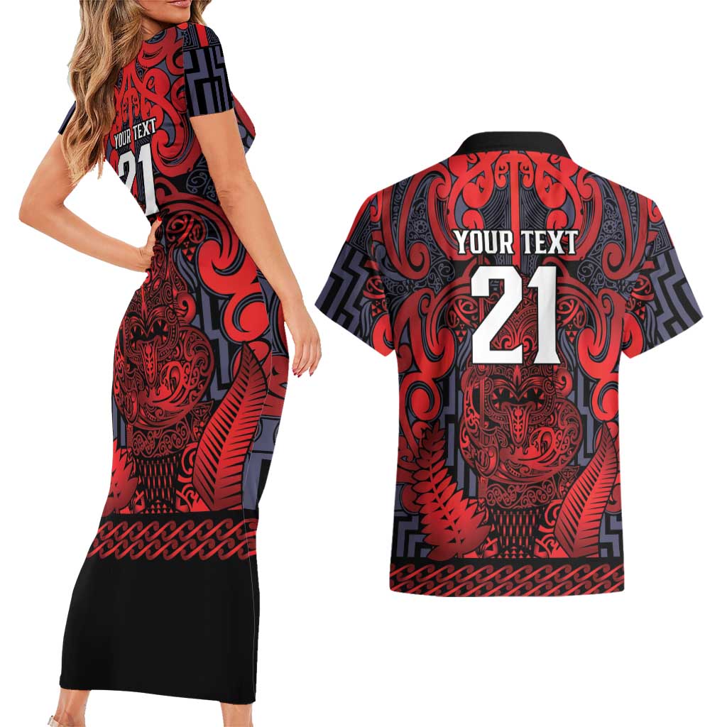 Custom New Zealand Taiaha Maori Couples Matching Short Sleeve Bodycon Dress and Hawaiian Shirt Whero Minimalist Silver Fern Tukutuku Motif