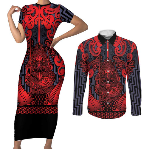 Custom New Zealand Taiaha Maori Couples Matching Short Sleeve Bodycon Dress and Long Sleeve Button Shirt Whero Minimalist Silver Fern Tukutuku Motif