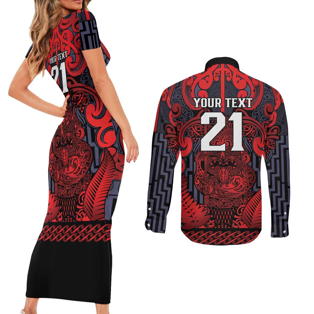 Custom New Zealand Taiaha Maori Couples Matching Short Sleeve Bodycon Dress and Long Sleeve Button Shirt Whero Minimalist Silver Fern Tukutuku Motif