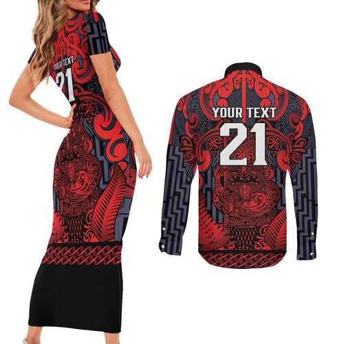 Custom New Zealand Taiaha Maori Couples Matching Short Sleeve Bodycon Dress and Long Sleeve Button Shirt Whero Minimalist Silver Fern Tukutuku Motif