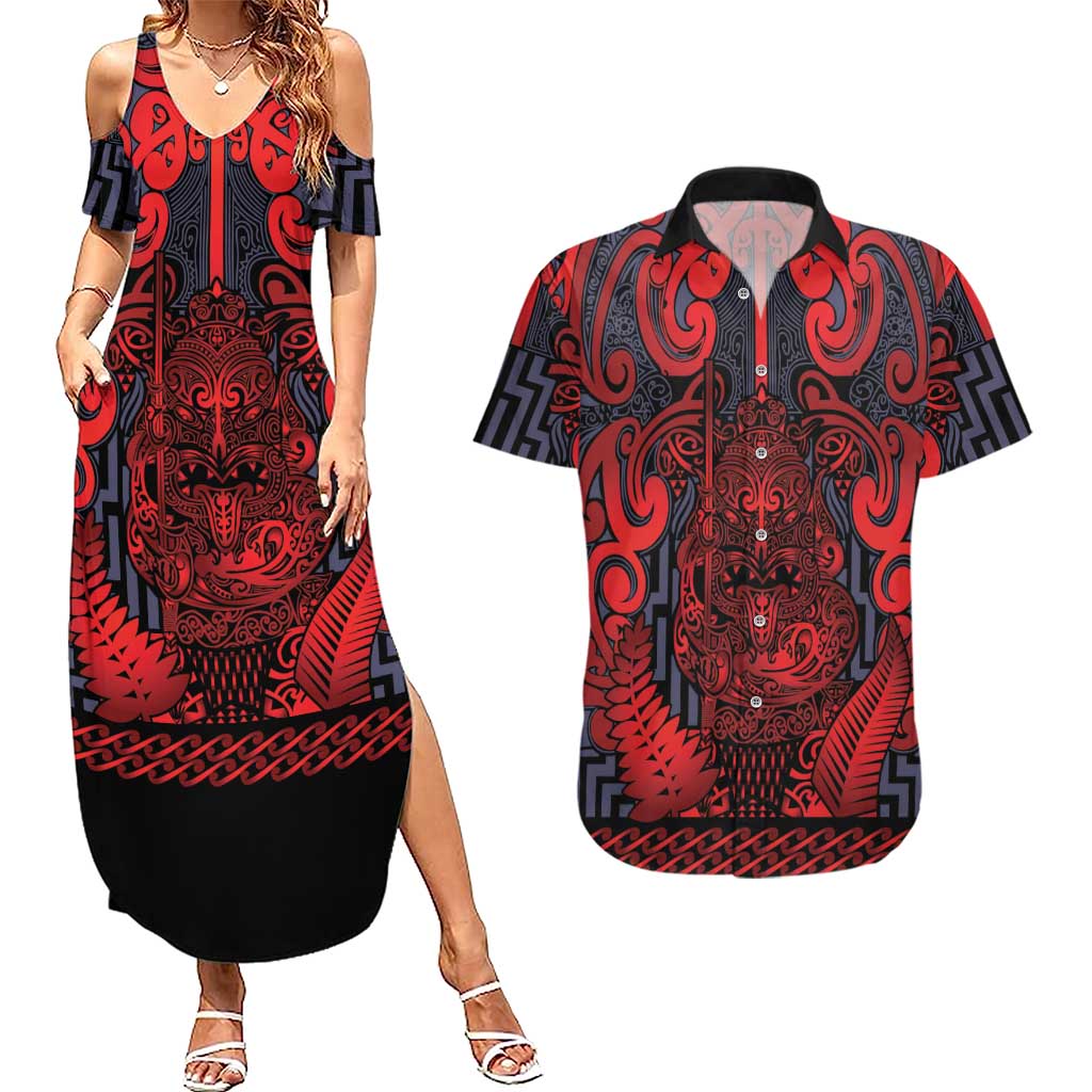 Custom New Zealand Taiaha Maori Couples Matching Summer Maxi Dress and Hawaiian Shirt Whero Minimalist Silver Fern Tukutuku Motif