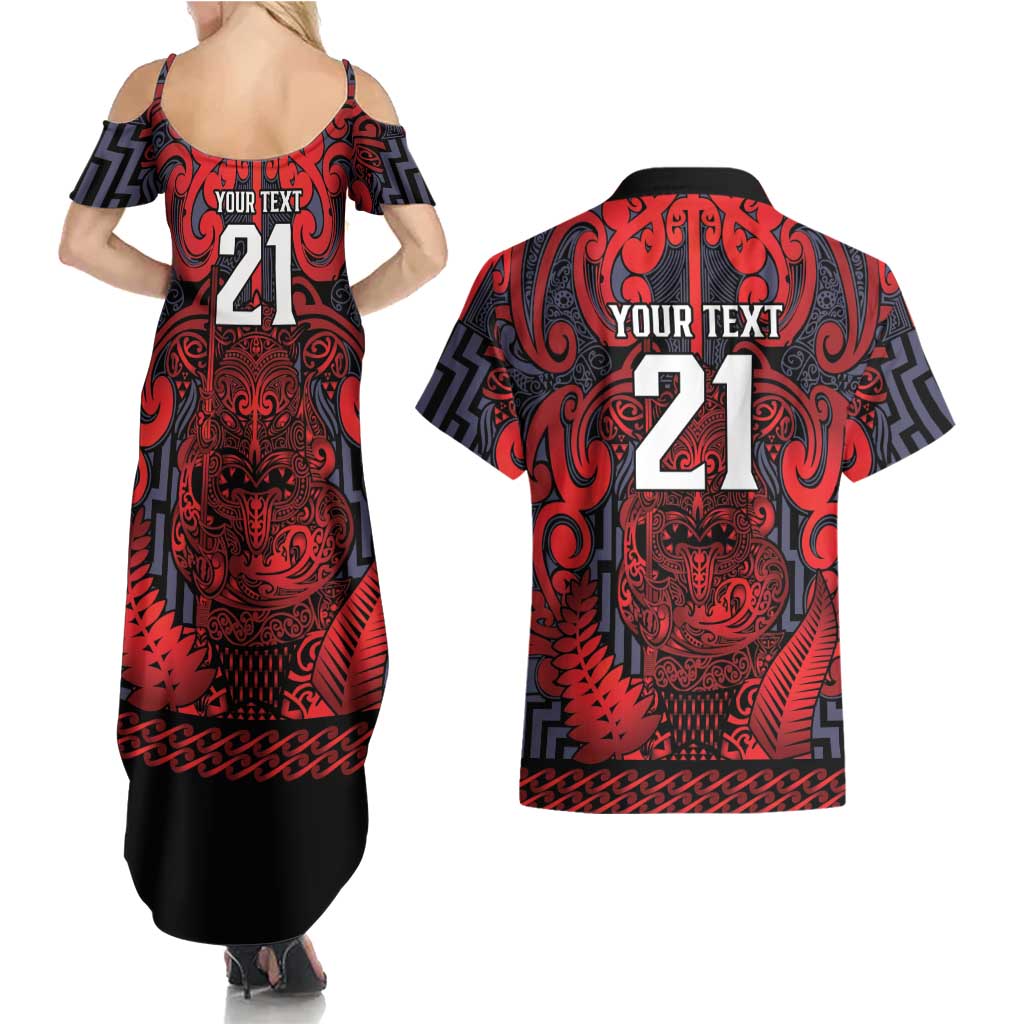 Custom New Zealand Taiaha Maori Couples Matching Summer Maxi Dress and Hawaiian Shirt Whero Minimalist Silver Fern Tukutuku Motif