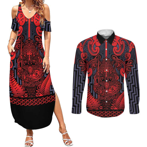 Custom New Zealand Taiaha Maori Couples Matching Summer Maxi Dress and Long Sleeve Button Shirt Whero Minimalist Silver Fern Tukutuku Motif