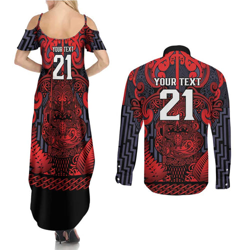 Custom New Zealand Taiaha Maori Couples Matching Summer Maxi Dress and Long Sleeve Button Shirt Whero Minimalist Silver Fern Tukutuku Motif