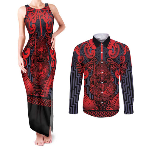 Custom New Zealand Taiaha Maori Couples Matching Tank Maxi Dress and Long Sleeve Button Shirt Whero Minimalist Silver Fern Tukutuku Motif