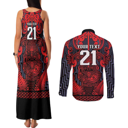 Custom New Zealand Taiaha Maori Couples Matching Tank Maxi Dress and Long Sleeve Button Shirt Whero Minimalist Silver Fern Tukutuku Motif