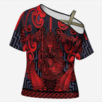 Custom New Zealand Taiaha Maori Cross Shoulder Shirt Whero Minimalist Silver Fern Tukutuku Motif