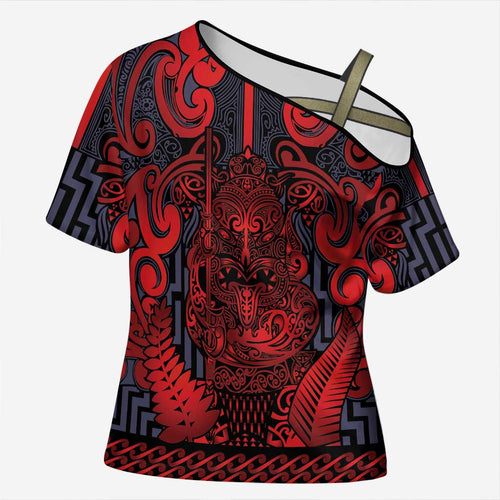 Custom New Zealand Taiaha Maori Cross Shoulder Shirt Whero Minimalist Silver Fern Tukutuku Motif