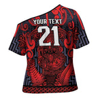 Custom New Zealand Taiaha Maori Cross Shoulder Shirt Whero Minimalist Silver Fern Tukutuku Motif
