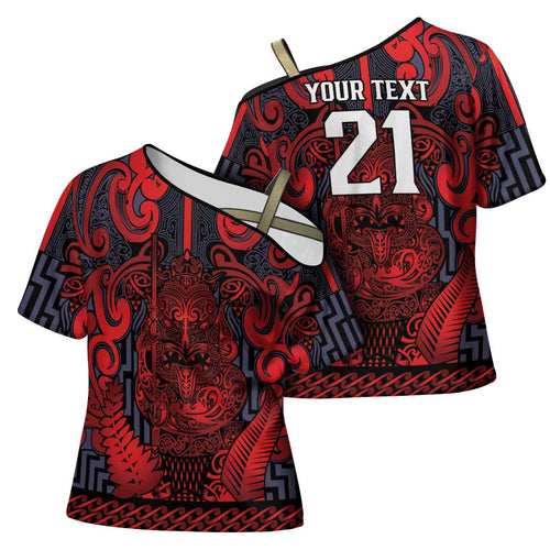 Custom New Zealand Taiaha Maori Cross Shoulder Shirt Whero Minimalist Silver Fern Tukutuku Motif