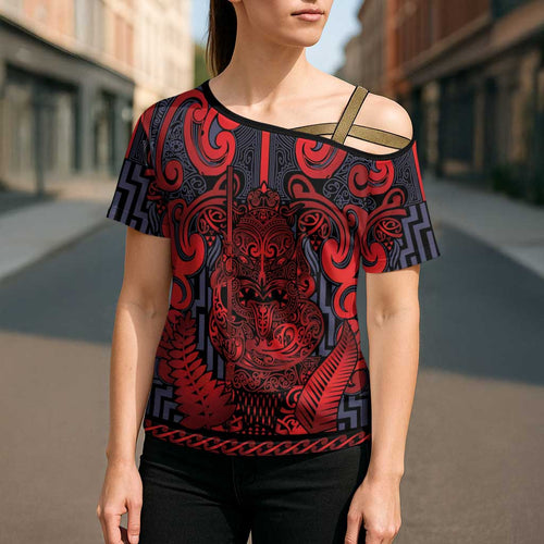 Custom New Zealand Taiaha Maori Cross Shoulder Shirt Whero Minimalist Silver Fern Tukutuku Motif