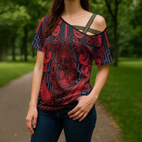 Custom New Zealand Taiaha Maori Cross Shoulder Shirt Whero Minimalist Silver Fern Tukutuku Motif