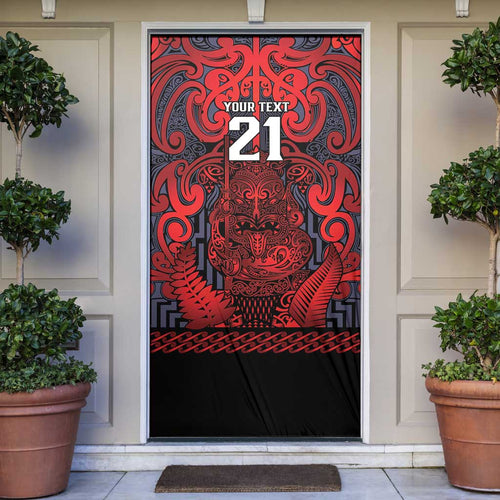 Custom New Zealand Taiaha Maori Door Cover Whero Minimalist Silver Fern Tukutuku Motif