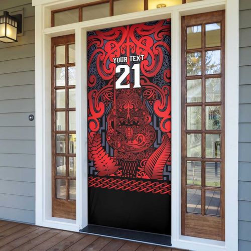 Custom New Zealand Taiaha Maori Door Cover Whero Minimalist Silver Fern Tukutuku Motif