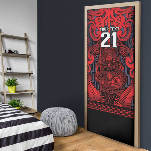 Custom New Zealand Taiaha Maori Door Cover Whero Minimalist Silver Fern Tukutuku Motif