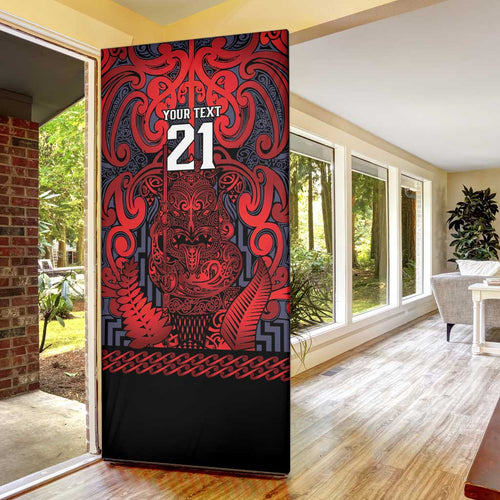 Custom New Zealand Taiaha Maori Door Cover Whero Minimalist Silver Fern Tukutuku Motif