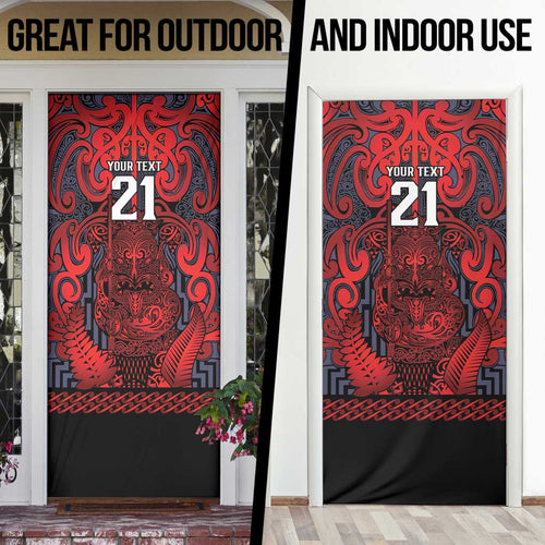 Custom New Zealand Taiaha Maori Door Cover Whero Minimalist Silver Fern Tukutuku Motif