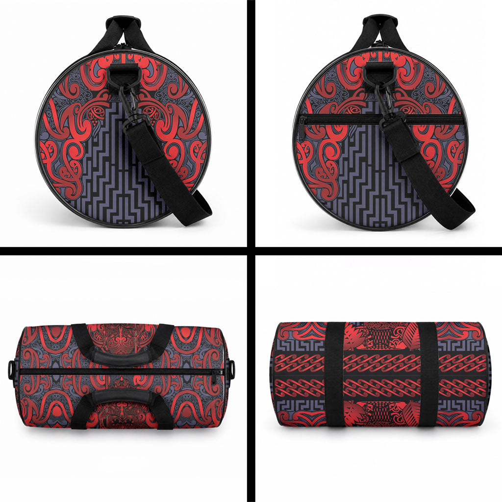 New Zealand Taiaha Maori Duffle Bag Whero Minimalist Silver Fern Tukutuku Motif