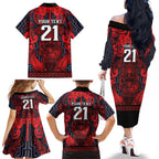 Custom New Zealand Taiaha Maori Family Matching Off The Shoulder Long Sleeve Dress and Hawaiian Shirt Whero Minimalist Silver Fern Tukutuku Motif