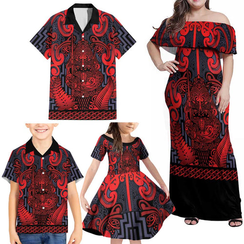 Custom New Zealand Taiaha Maori Family Matching Off Shoulder Maxi Dress and Hawaiian Shirt Whero Minimalist Silver Fern Tukutuku Motif