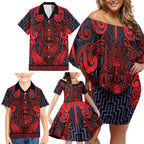 Custom New Zealand Taiaha Maori Family Matching Off Shoulder Short Dress and Hawaiian Shirt Whero Minimalist Silver Fern Tukutuku Motif