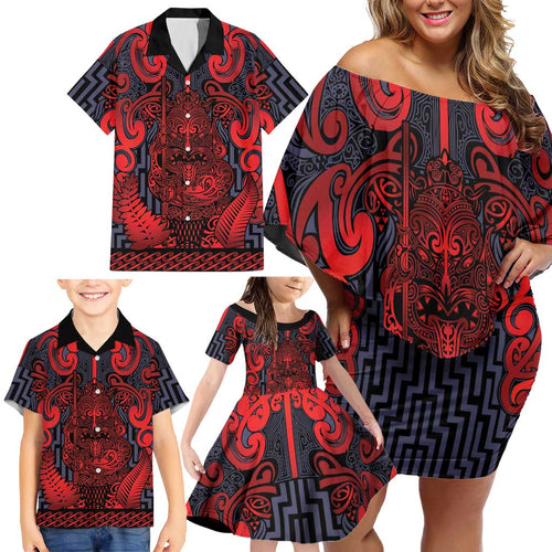 Custom New Zealand Taiaha Maori Family Matching Off Shoulder Short Dress and Hawaiian Shirt Whero Minimalist Silver Fern Tukutuku Motif