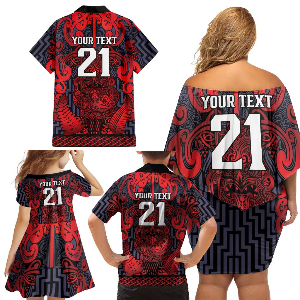 Custom New Zealand Taiaha Maori Family Matching Off Shoulder Short Dress and Hawaiian Shirt Whero Minimalist Silver Fern Tukutuku Motif