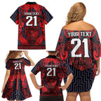 Custom New Zealand Taiaha Maori Family Matching Off Shoulder Short Dress and Hawaiian Shirt Whero Minimalist Silver Fern Tukutuku Motif