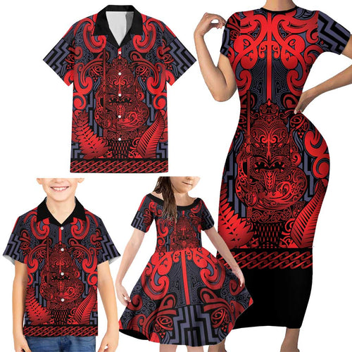 Custom New Zealand Taiaha Maori Family Matching Short Sleeve Bodycon Dress and Hawaiian Shirt Whero Minimalist Silver Fern Tukutuku Motif