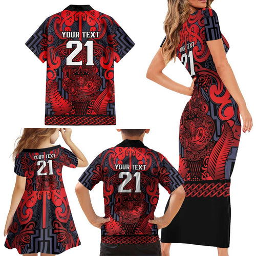 Custom New Zealand Taiaha Maori Family Matching Short Sleeve Bodycon Dress and Hawaiian Shirt Whero Minimalist Silver Fern Tukutuku Motif