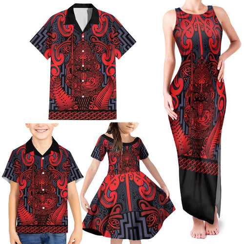 Custom New Zealand Taiaha Maori Family Matching Tank Maxi Dress and Hawaiian Shirt Whero Minimalist Silver Fern Tukutuku Motif
