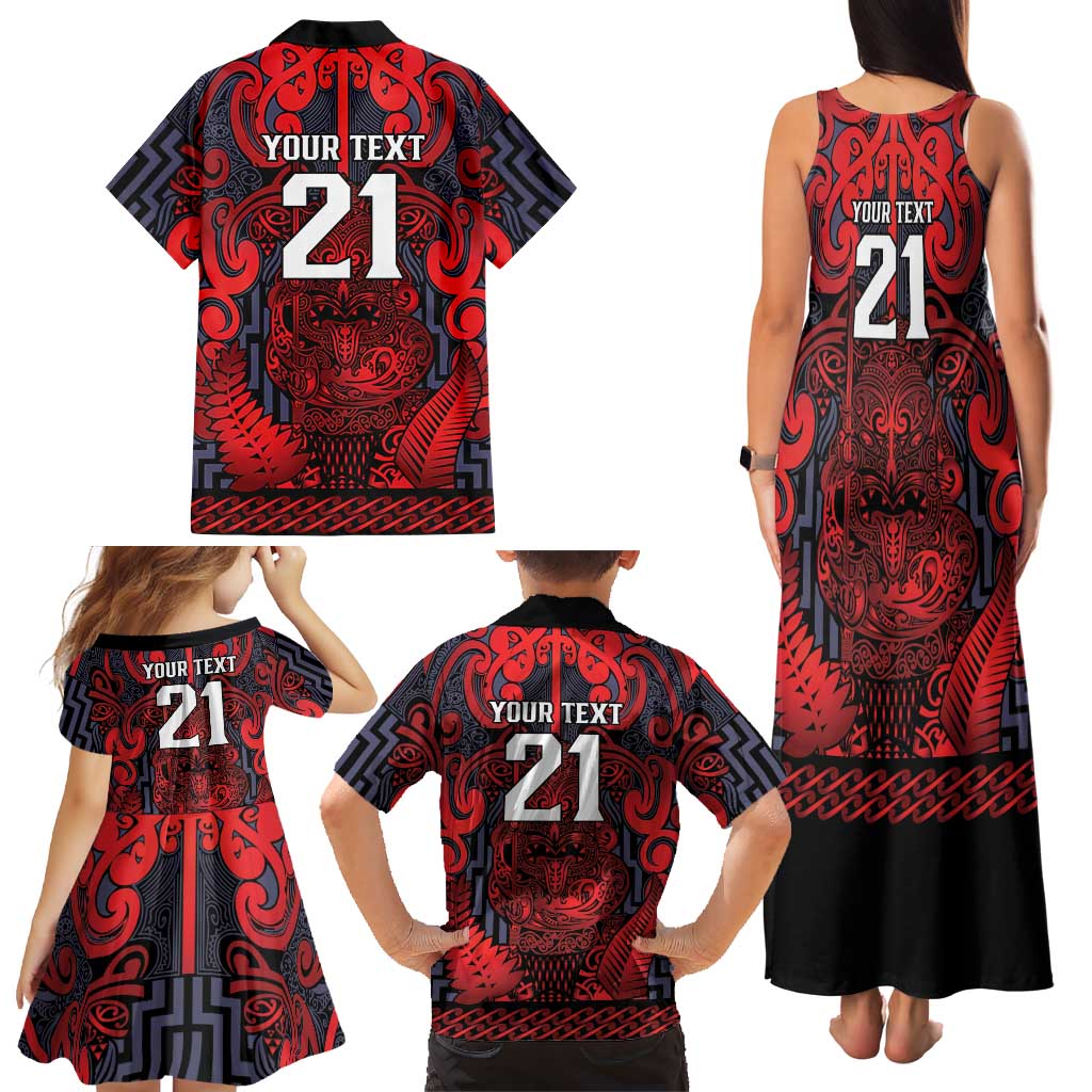 Custom New Zealand Taiaha Maori Family Matching Tank Maxi Dress and Hawaiian Shirt Whero Minimalist Silver Fern Tukutuku Motif