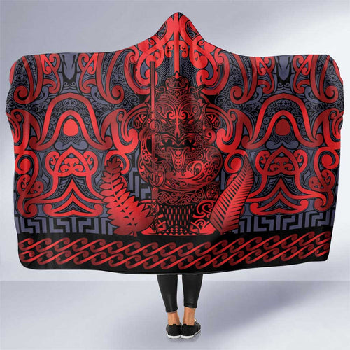 New Zealand Taiaha Maori Hooded Blanket Whero Minimalist Silver Fern Tukutuku Motif