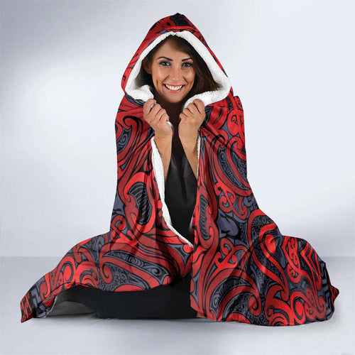 New Zealand Taiaha Maori Hooded Blanket Whero Minimalist Silver Fern Tukutuku Motif
