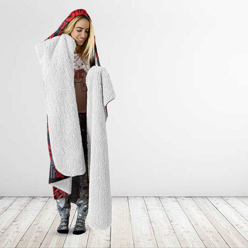 New Zealand Taiaha Maori Hooded Blanket Whero Minimalist Silver Fern Tukutuku Motif