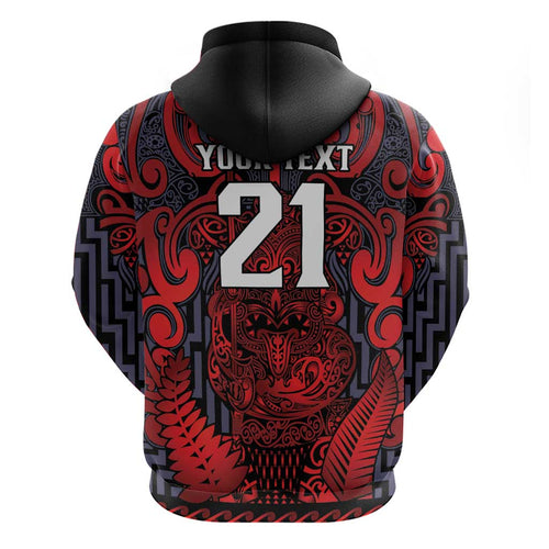 Custom New Zealand Taiaha Maori Hoodie Whero Minimalist Silver Fern Tukutuku Motif