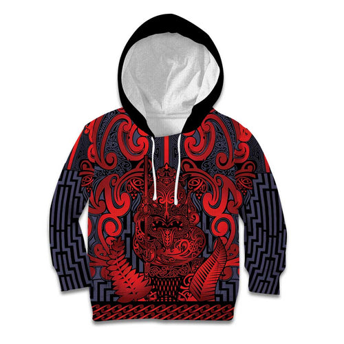 Custom New Zealand Taiaha Maori Kid Hoodie Whero Minimalist Silver Fern Tukutuku Motif