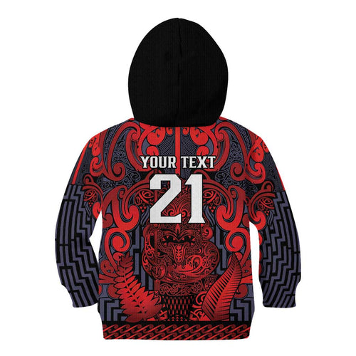 Custom New Zealand Taiaha Maori Kid Hoodie Whero Minimalist Silver Fern Tukutuku Motif