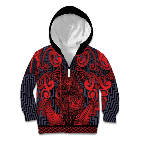 Custom New Zealand Taiaha Maori Kid Hoodie Whero Minimalist Silver Fern Tukutuku Motif