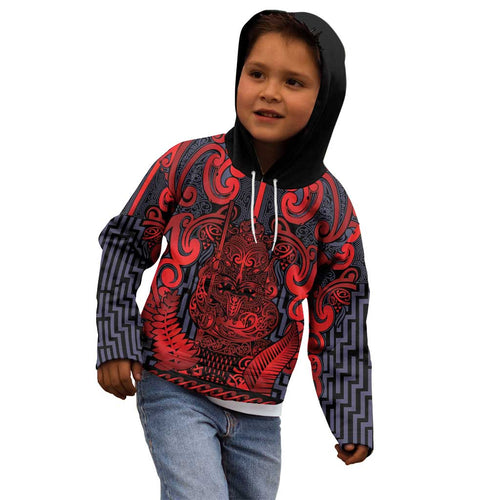 Custom New Zealand Taiaha Maori Kid Hoodie Whero Minimalist Silver Fern Tukutuku Motif
