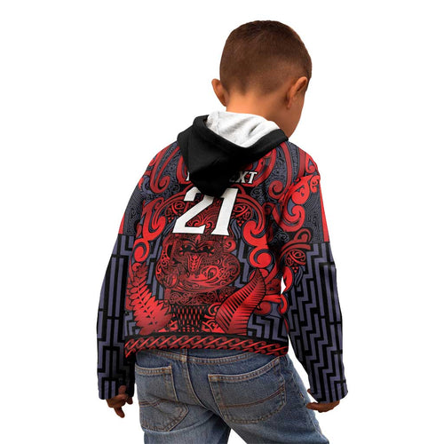 Custom New Zealand Taiaha Maori Kid Hoodie Whero Minimalist Silver Fern Tukutuku Motif