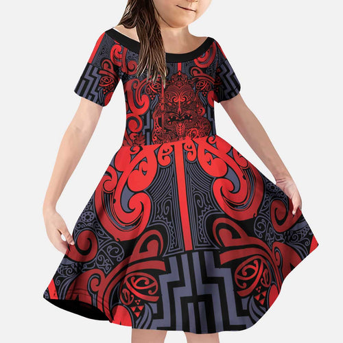 Custom New Zealand Taiaha Maori Kid Short Sleeve Dress Whero Minimalist Silver Fern Tukutuku Motif