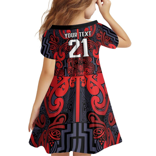 Custom New Zealand Taiaha Maori Kid Short Sleeve Dress Whero Minimalist Silver Fern Tukutuku Motif